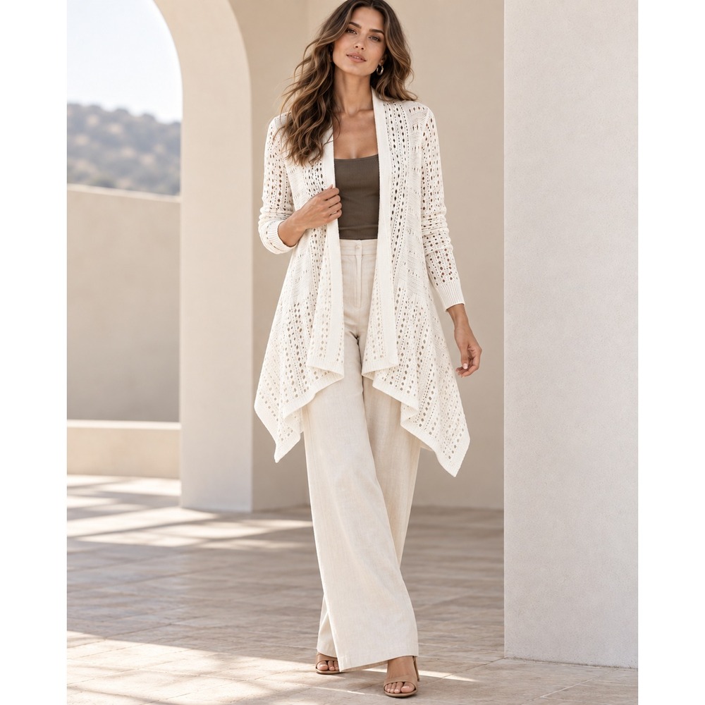 White House Black Market Duster Open Cardigan Sweater Sz M White Open Knit